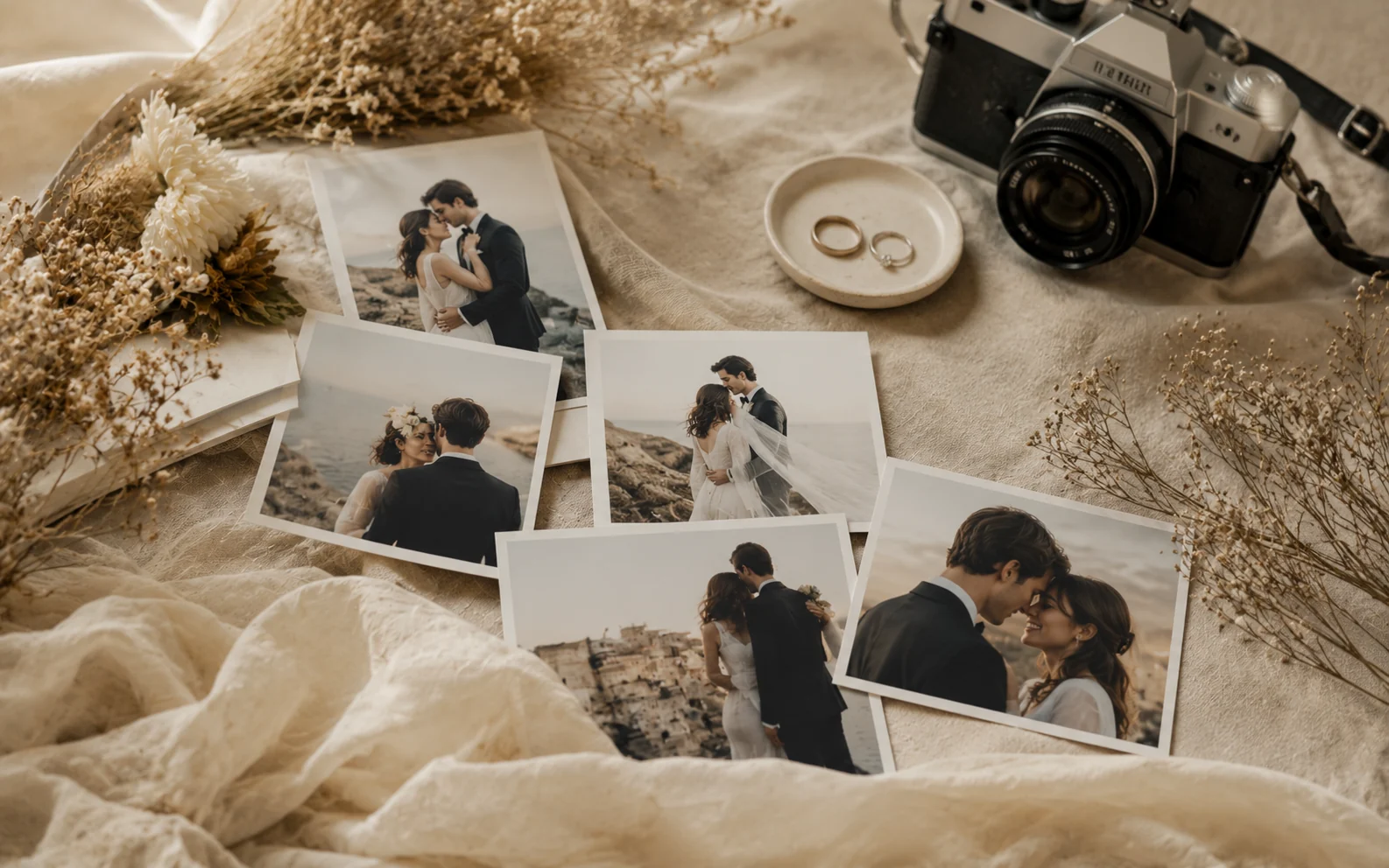 Fotografías impresas de una pareja junto a cámara y anillos