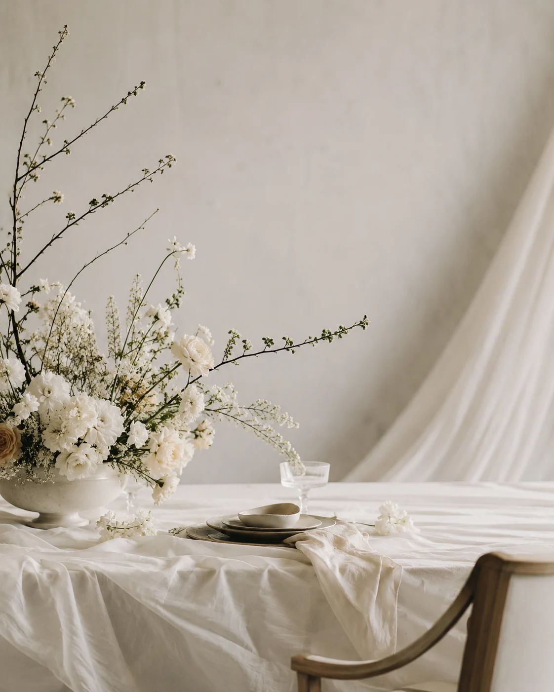 Mesa de boda en tonos marfil con flores blancas y textiles suaves