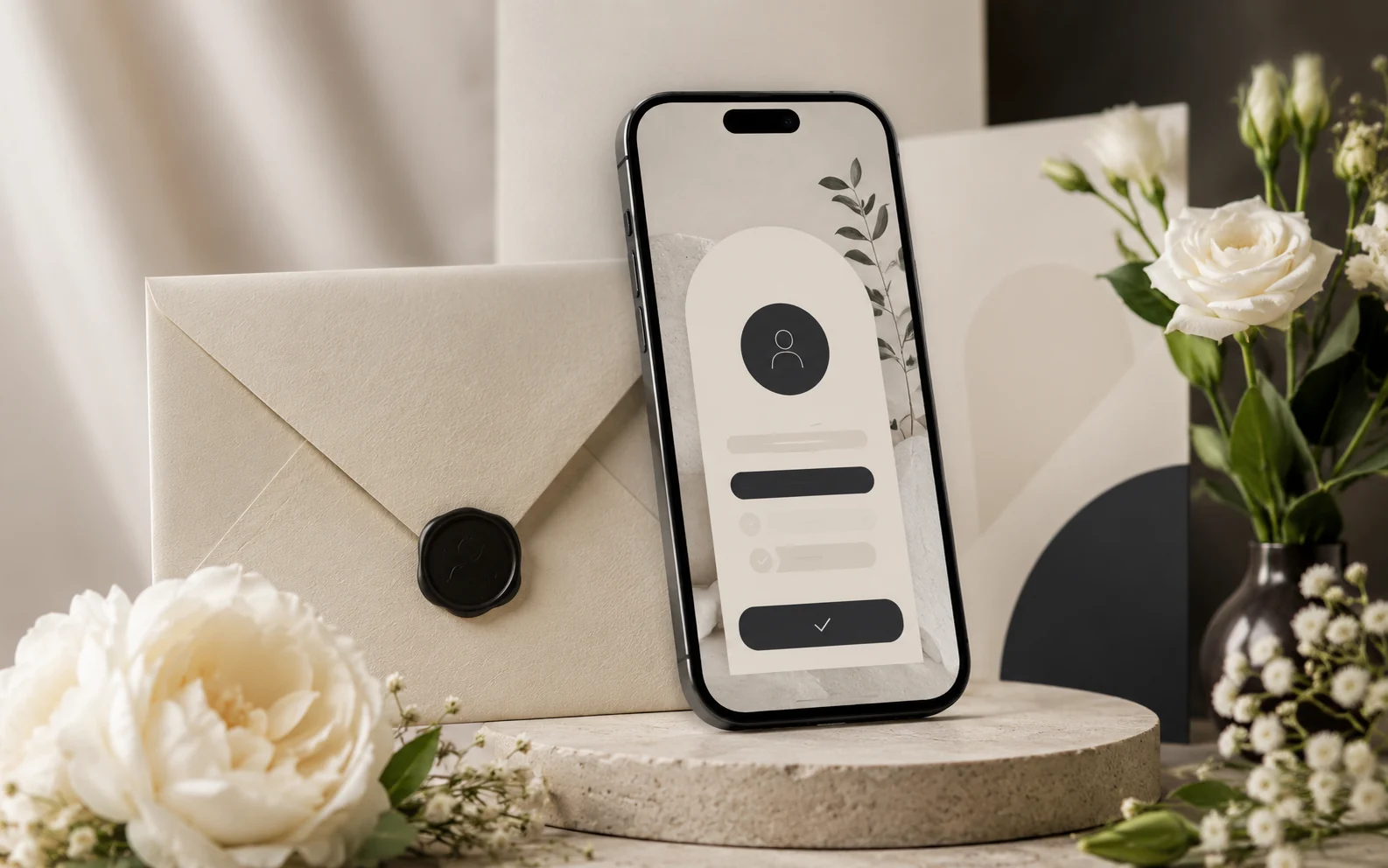 Teléfono con interfaz de confirmación RSVP junto a una invitación de boda