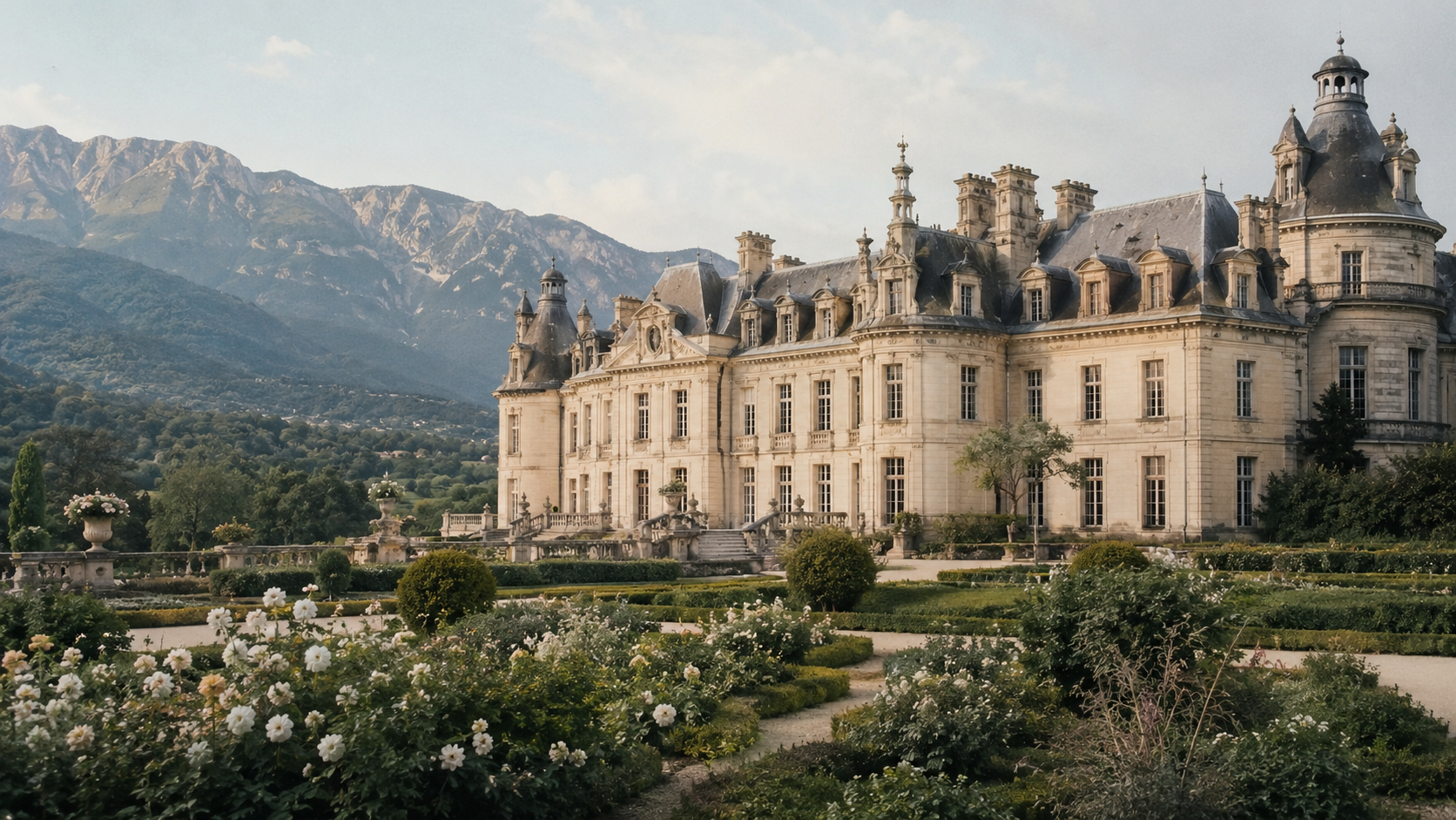 Jardines clásicos frente a un castillo