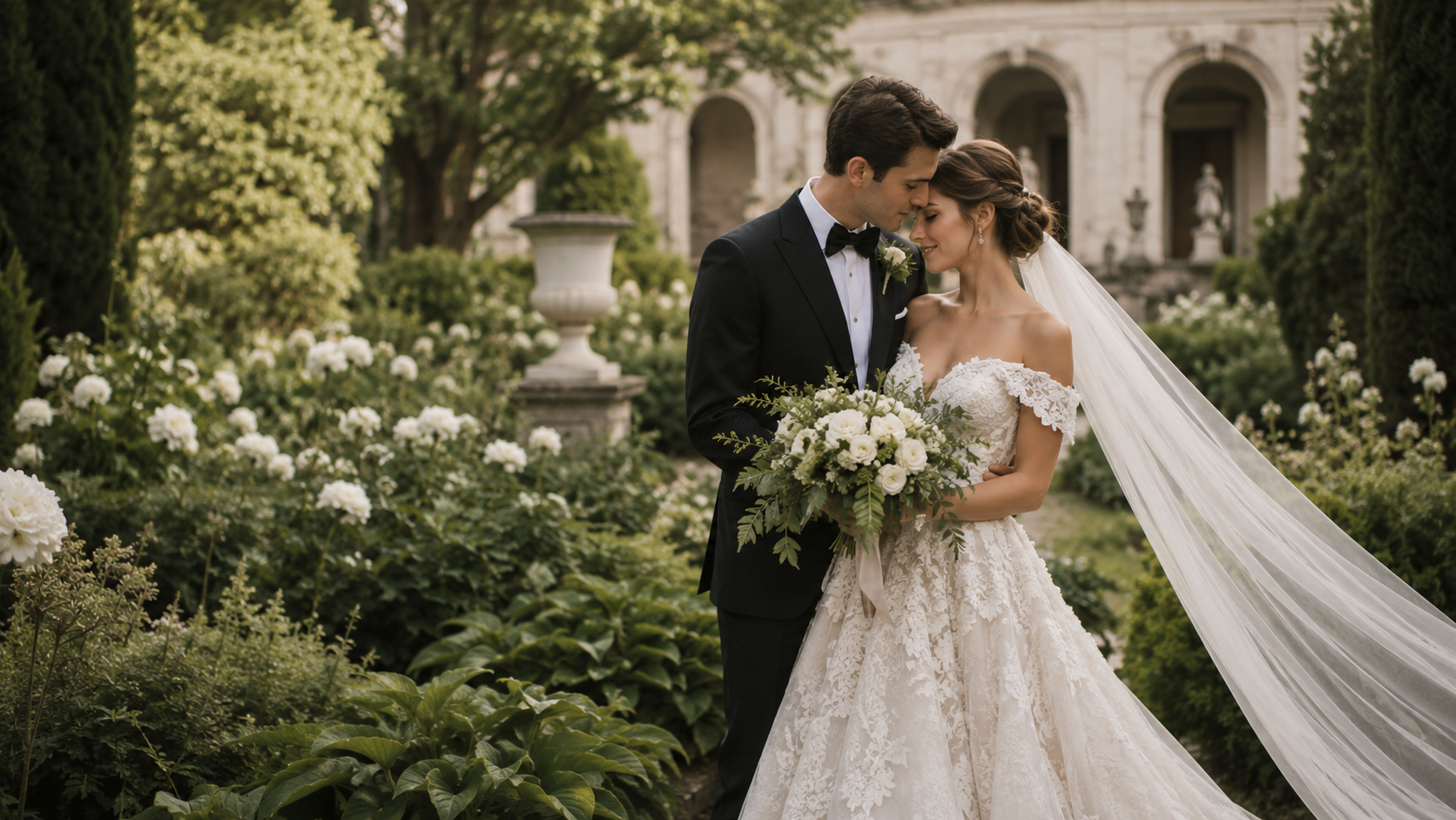 Novios en un jardín elegante