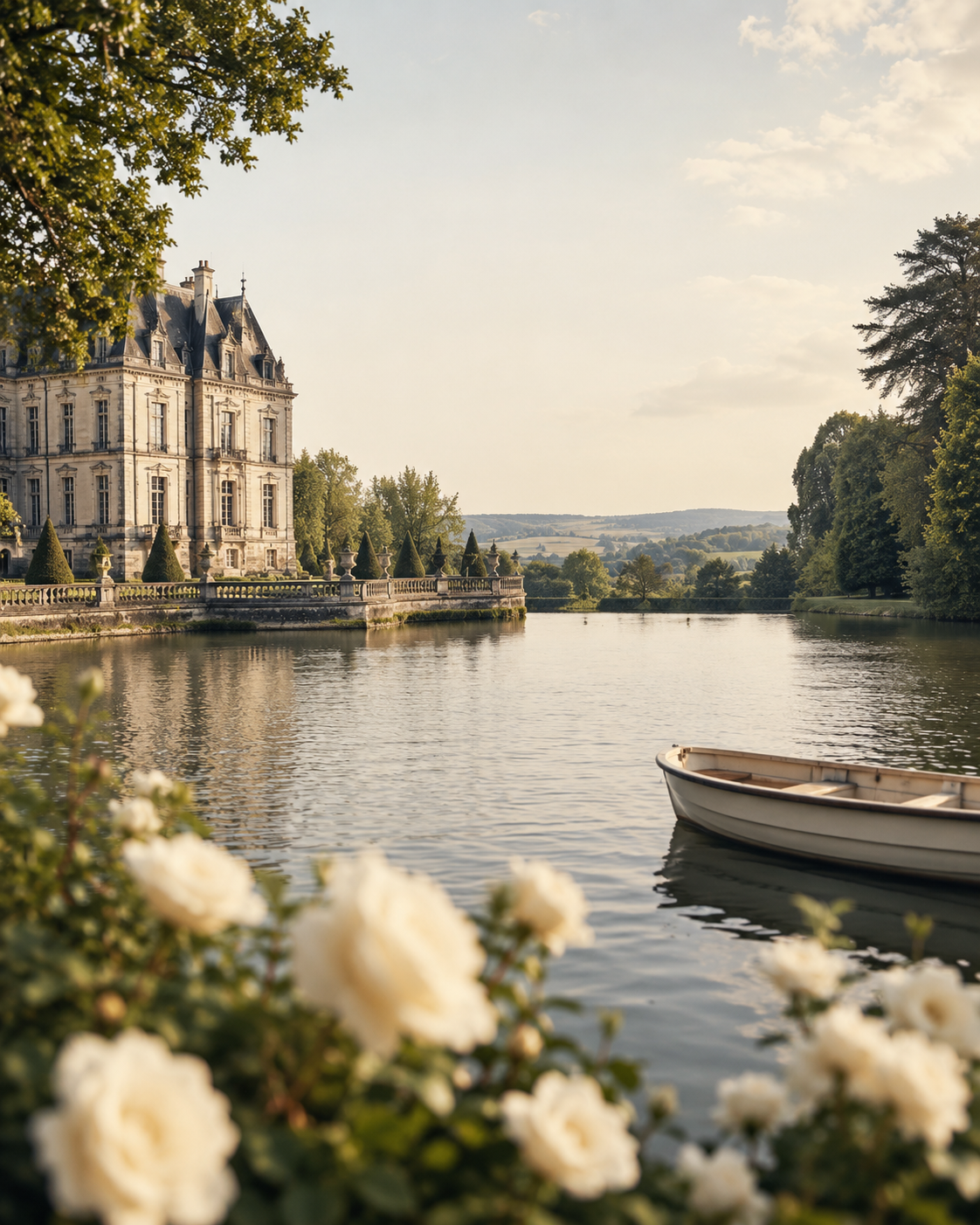 Castillo junto al lago con flores blancas en primer plano