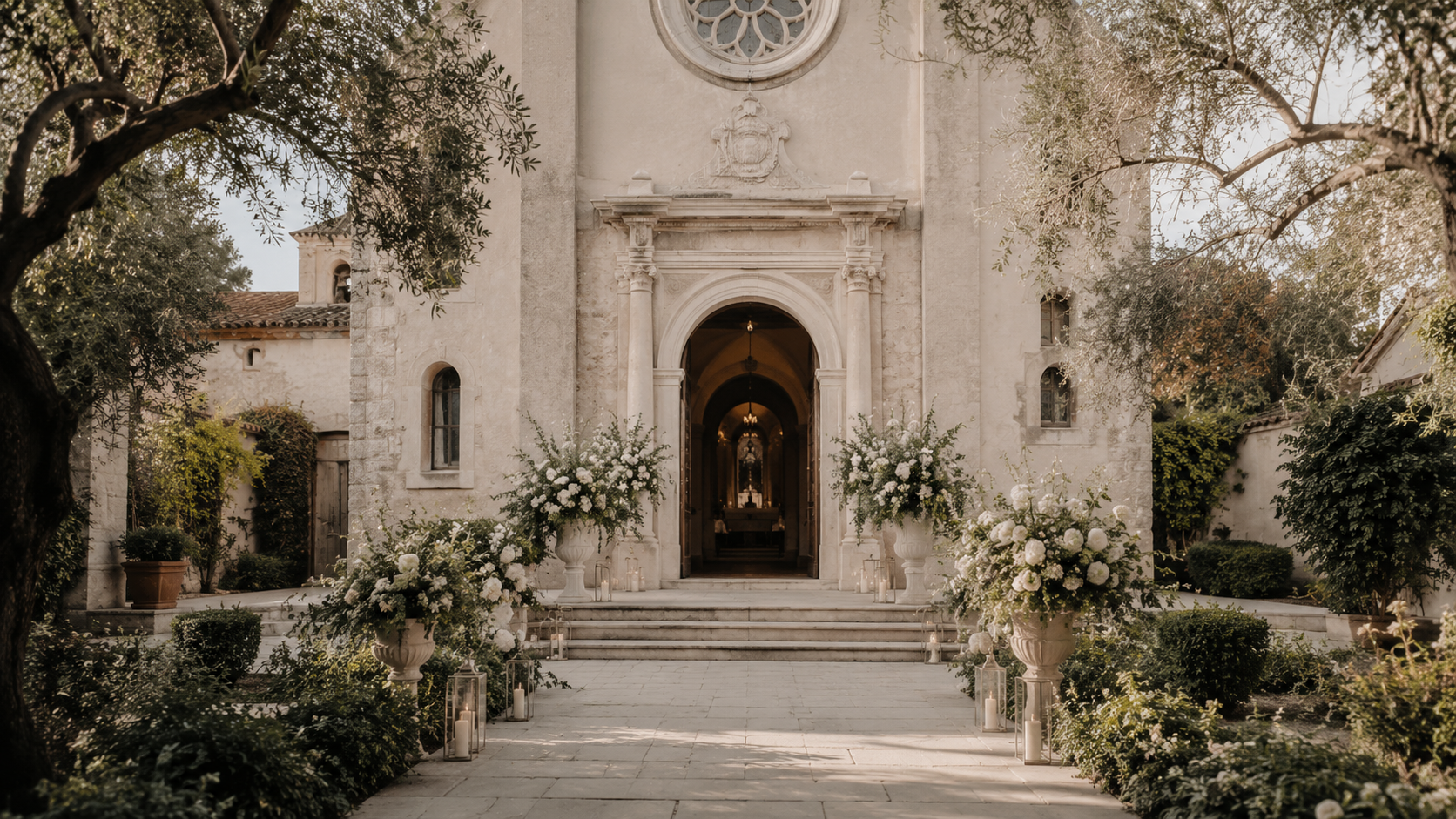 Entrada de capilla decorada con flores blancas