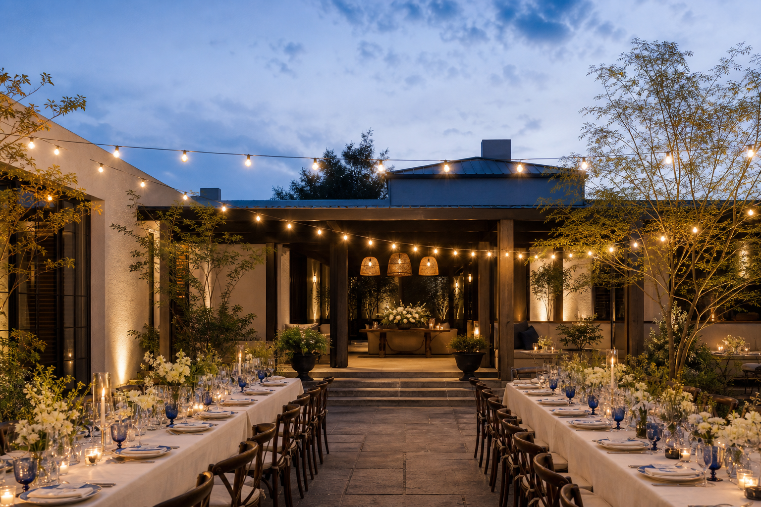 Terraza preparada para una cena de matrimonio